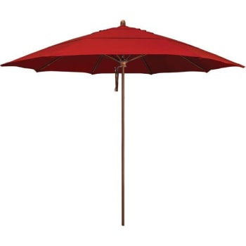 California Umbrella 11 Ft. Woodgrain Aluminum Patio Umbrella W/ Fiberglass Ribs In Jockey Red Sunbrella