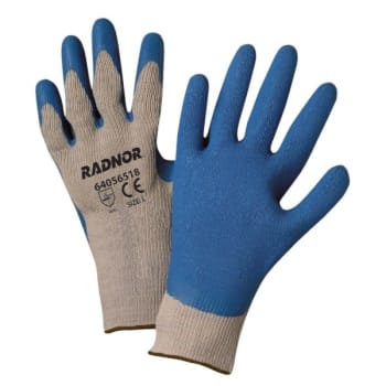 Radnor Med Blue Rubber Palm Coated String Knit Glove W/Gray Poly Liner, 6 Pair