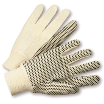 Radnor Men's 8Oz White Cotton Canvas Glove W/Knit Wrist/PVC Dotted Palm, 12 Pair