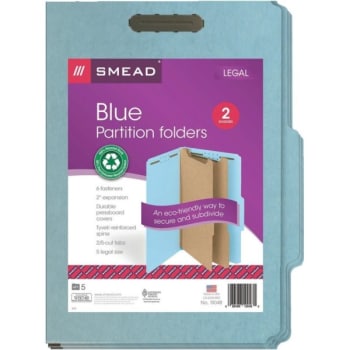 Smead Pressboard Classification Folder, 2 Dividers, Legal, Blue, Pack Of 5