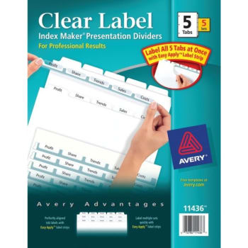 Avery® Index Maker Label Dividers, Clear, White Tabs, 5-Tab Set, Pack Of 5 Sets