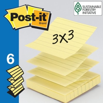 Post-It® Pop-Up Lined Notes, 3" x 3", Yellow, Package Of 6 Pads