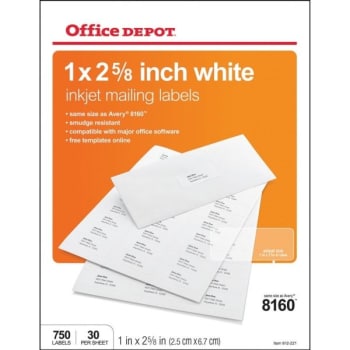 Image for Office Depot® Brand Inkjet/Laser Address Labels, 1" x 2-5/8", White, Pack Of 750 from HD Supply