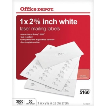 Office Depot Brand Inkjet/Laser Address Labels, White 1" x 2-5/8", (3,000-Pack)