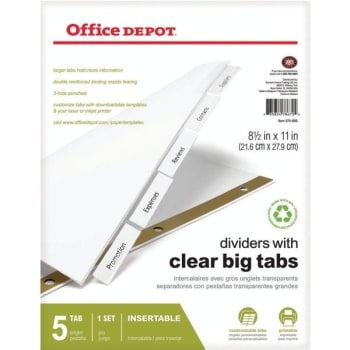 Image for Office Depot® Insertable Dividers Big Tabs White, Clear Tabs, 5-Tab, Pack Of 5 from HD Supply