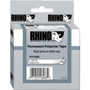 DYMO®  Rhino 18483 Polyester Industrial Black-On-White Label Tape, 1/2" x 18'