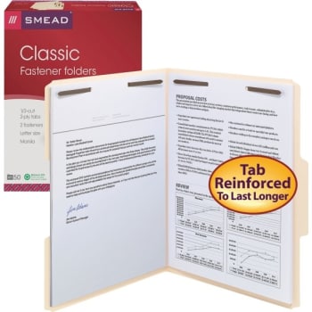 SMEAD® Manila Reinforced Tab Fastener Folders, Two Fasteners, Letter, Box Of 50