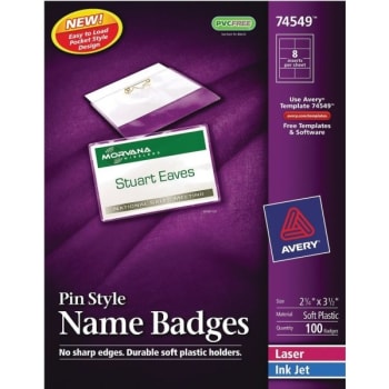 Avery® Pin-Style Name Badge Kits, Business Card Size, 2-1/4" x3-1/2", Box Of 100