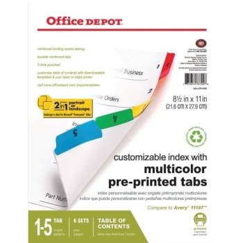 Office Depot® Customizable Index, Preprinted Tabs, Numbered 1-5, Pack of 6 Sets