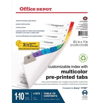 Office Depot® Customizable Index,Preprinted Tabs, Numbered 1-10, Pack of 6 Sets
