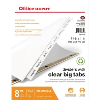 Office Depot® Brand Insertable Dividers, Big Tabs, White, Clear Tabs, 8-Tab