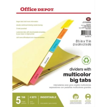 Image for Office Depot® Brand Insertable Dividers, Big Tabs, Assorted Colors, 5-Tab from HD Supply