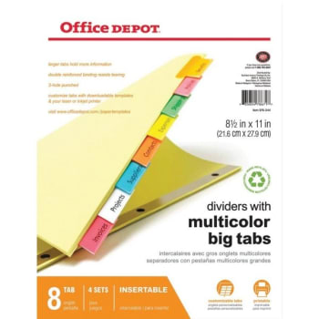 Office Depot® Brand Insertable Dividers, Big Tabs, Assorted Colors, 8-Tab