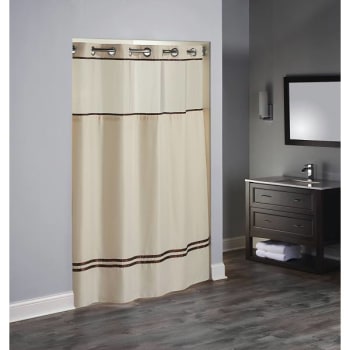 Image for Hookless Escape 77 in. L Shower Curtain (Sand/Brown Accents) (12-Case) from HD Supply