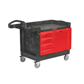 Image for Rubbermaid Commercial Trademaster Cart/Workbench System With 4 Drawers And Cabinet, Small, Black/Red from HD Supply