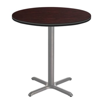 National Public Seating 36"R Café Table 36"H, X Base Mahogany Top, Grey Frame