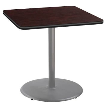 National Public Seating 36"Sq Café Table 36"H Round Base Mahogany Top Grey Frame