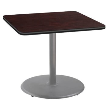 National Public Seating 36"Sq Café Table 30"H Round Base Mahogany Top Grey Frame