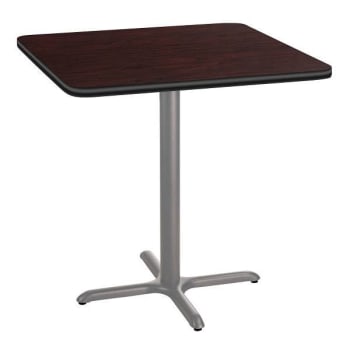 National Public Seating 36"Sq Café Table 36"H, X Base Mahogany Top, Grey Frame