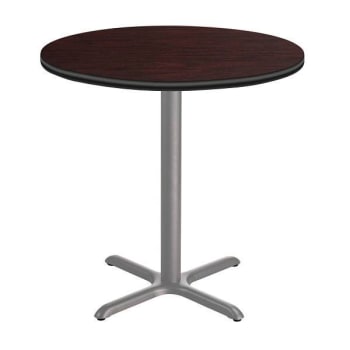 National Public Seating 36"R Café Table 42"H, X Base Mahogany Top, Grey Frame