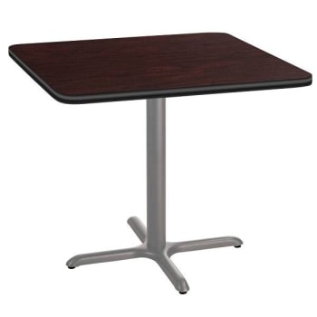 National Public Seating 36"Sq Café Table 30"H, X Base Mahogany Top, Grey Frame