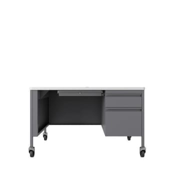 Hirsh 30"Dx48"W Mobile Right Hand Sngl Pedestal Desk Rnd Crnr T-Mold Pltnm/White