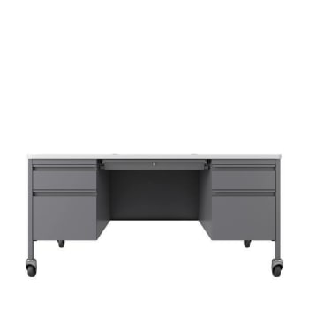 Hirsh 30"Dx60"W Mobile Double Pedestal File Desk Rnd Crnr T-Mold Platinum/White