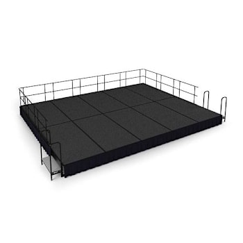 National Public Seating 16'X20'X16" Stage, Shirr Pleat Black Skirt, Grey Carpet