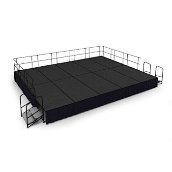 National Public Seating 16'X20'X24" Stage, Shirr Pleat Black Skirt, Grey Carpet