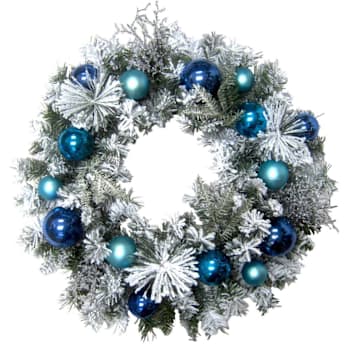 Fraser Hill Farm 24" Snow Covered Christmas Wreath With Multi-Hued Blue Ornament