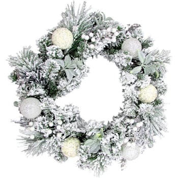 Fraser Hill Farm 24" Snow Covered Christmas Wreath With Ornament, Leaves Berries