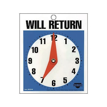 Headline Double-Sided Open/Will Return Sign With Clock Hands Plastic 7.5x9