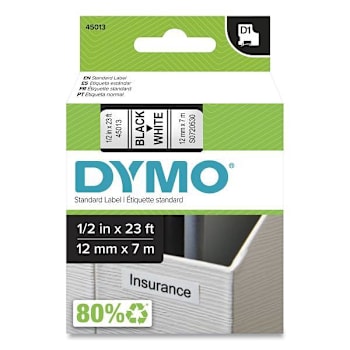 DYMO D1 High-Performance Polyester Removable Label Tape .5"X23 Ft Black On White