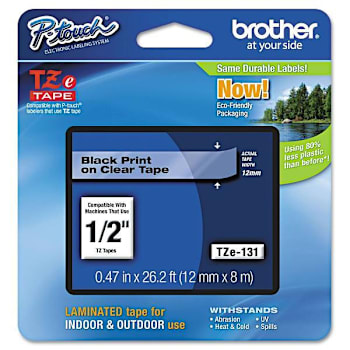Brother Tze Standard Adhesive Laminate Labeling Tape .47"X26.2 Ft Black On Clear