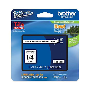 Brother Tze Standard Adhesive Laminated Labeling Tape 0.23"X26.2 Ft Black/White