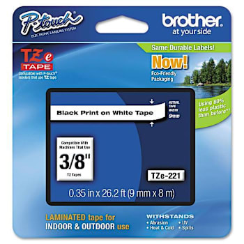 Brother Tze Standard Adhesive Laminated Labeling Tape 0.35"X26.2 Ft Black/White