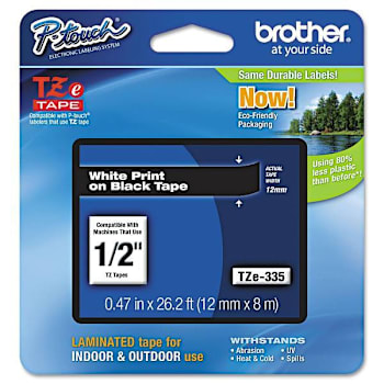 Brother Tze Standard Adhesive Laminated Labeling Tape 0.47"X26.2 Ft White/Black