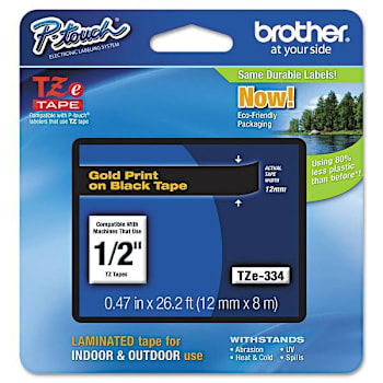 Brother Tze Standard Adhesive Laminated Labeling Tape .47"X26.2 Ft Gold On Black