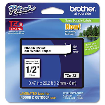 Brother Tze Standard Adhesive Laminated Labeling Tape 0.47"X26.2 Ft Black/White