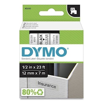 DYMO D1 High-Performance Polyester Removable Label Tape .5"X23 Ft Black On Clear