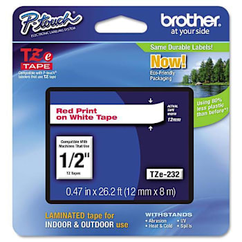 Brother Tze Standard Adhesive Laminated Labeling Tape 0.47"X26.2 Ft Red On White