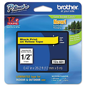 Brother Tze Standard Adhesive Laminated Labeling Tape .47"X26.2 Ft Black/Yellow
