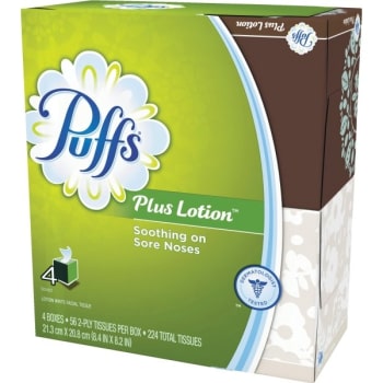 Image for Puffs Plus Lotion Facial Tissue, White, 1-Ply, 8 1/5 x 8 2/5", 56/Box, 24/Carton from HD Supply