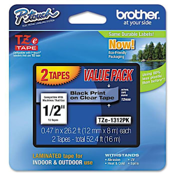 Image for Brother Adhesive Laminated Labeling Tapes 0.47"X26.2 Ft Black/Clear Package Of 2 from HD Supply