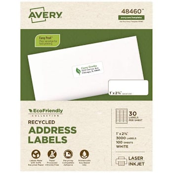 Avery Ecofriendly Mailing Labels Inkjet/Laser Printers 1x2.63 Wht Package Of 100