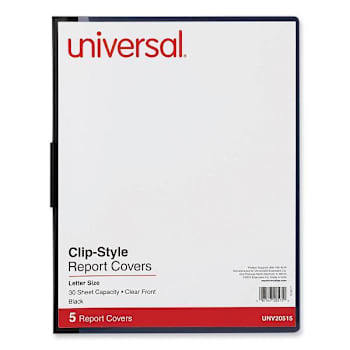 Universal Clip-Style Report Cover Clip Fastener 8.5x11 Clear/Black Package Of 5