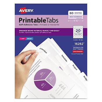 Avery Printable Plastic Tabs-Repositionable Adhesive 1/5-Cut White Package Of 80