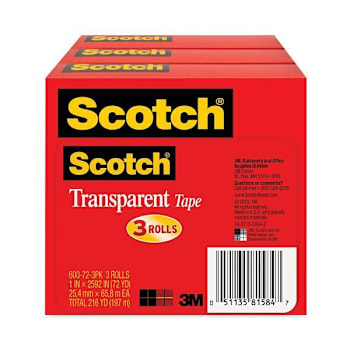 Transparent Tape, 3" Core, 1" X 72 Yds, Transparent, 3/Pack