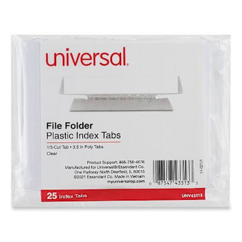 Image for Universal Hanging Folder Plastic Index Tab 1/3-Cut Clear 3.7" Wide Package Of 25 from HD Supply