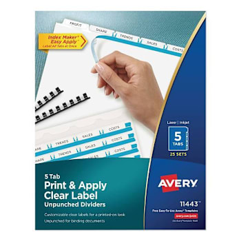 Avery Print Index Maker Clear Label Unpunched Dividers 5-Tab White Package Of 25